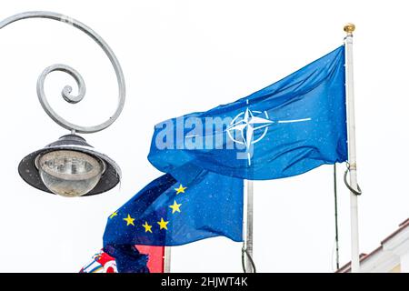 Die Flagge der NATO und der Europäischen Union winkt an einem kalten, verschneiten Wintertag in einem grauen Himmel mit einem Straßenlaternen-, Gas- und Energiekonzept zusammen Stockfoto