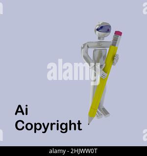 3D Abbildung eines Roboters mit einem symbolisch großen Bleistift, isoliert auf palle Blue. Stockfoto