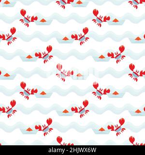 Krabbensegler und Papierboot auf den Wellen. Nahtloses Muster. Design von Meeresmustern mit Papierbooten und Krabben für Kindertextilien. Vektorgrafik Stock Vektor