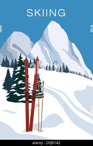 Vintage Mountain Winterresort Alps, mit altmodischen Holzskiern und Stöcken. Schneelandschaft Gipfel, Pisten. Retro-Poster für Reisen Stock Vektor