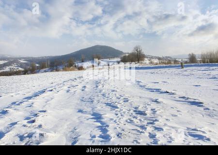 Felder und Hügel unter dem Schnee im Winter. Wunderschöne Landschaft Stockfoto