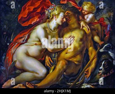 Venus und Addis c. 1615 von Jacob Jordaens 1593-1678. Flämischer Maler, bekannt für historische Gemälde, Genreszenen und Porträts. Führender flämischer Barockmaler nach Peter Paul Rubens und Anthony van Dyck. Stockfoto