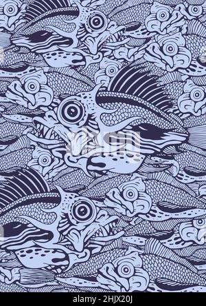Handgezeichnete lustige Fische. Dekorativer Hintergrund mit der Tiefsee. Vektorgrafik Stock Vektor