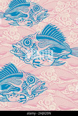 Handgezeichnete lustige Fische. Dekorativer Hintergrund mit der Tiefsee. Vektorgrafik Stock Vektor