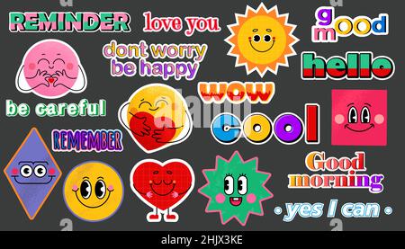 Set aus verschiedenen Emoji, Pins, Briefmarken, Sticker. Verschiedene Sätze und Wörter. Trendy lustige Vektor isolierte Illustrationen Stock Vektor