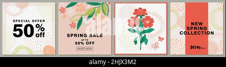 Trendige abstrakte handgezeichnete Social-Media-Post. Banner für den Frühlingsverkauf. Vektorgrafik Stock Vektor