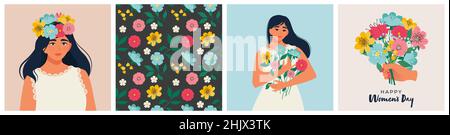 Frühling Set mit hübscher Frau, Blütenblumen, Muster, Frauentag Grußkarte. Vektorgrafik im flachen Stil Stock Vektor