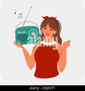 Frau, die ein Retro-Radio hält und Musik hört. Vektorgrafik im flachen Stil Stock Vektor
