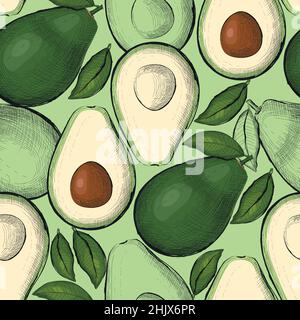 Avocado Nahtloses Muster, Avocado Stoff Hintergrund. Vektorgrafik im Skizzenstil Stock Vektor