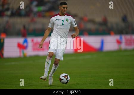 Yaounde, Kamerun, 30. Januar 2022: Achraf Hakimi von Marokko während Marokko gegen Ägypten – Afrika-Cup der Nationen im Ahmadou Ahidjo Stadion. Kim Price/CSM. Stockfoto