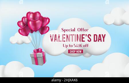 Geschenkschachteln mit Herzballon schweben es den Himmel, Happy Valentine's Day Banner, 3D realistischer Stil Stock Vektor