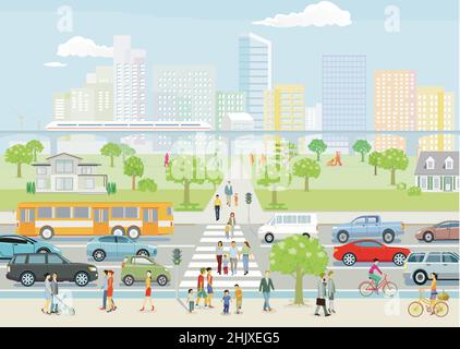 Silhouette der Stadt mit Menschen auf dem Fußgängerweg und Straßenverkehr, Illustration Stock Vektor