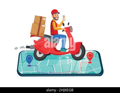 Online-Bestellung und -Lieferung per Scooter-Konzept mit Kartons und Kartenfinder sowie einer Online-Shopping-Website auf einem Mobiltelefon Stock Vektor