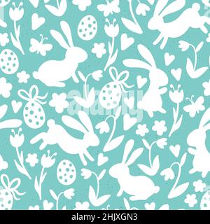 Schöne handgezeichnete Ostern nahtlose Muster, Doodle Hasen, Eier und Blumen, ideal für Banner, Tapeten, Verpackung, Textilien - Vektor-Design Stock Vektor