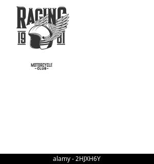 T-Shirt-Prints für Rallye- oder Rennsportclub- und Motorsport-Meisterschaftsbekleidung. Vektor Maskottchen, T-Shirt Prints mit Racer geflügelten Helm, Totenkopf, whe Stock Vektor
