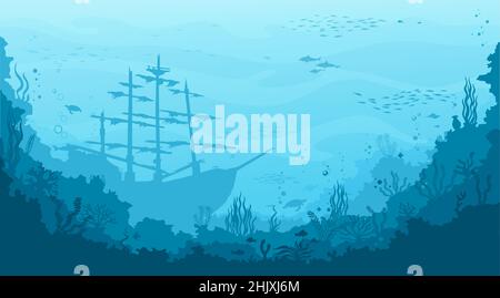 Unterwasserlandschaft mit versunkenen Segelschiffen und Tauchern. Meeresboden Meereslandschaft, Piratenschätze auf Meeresboden Vektor Hintergrund mit antiken Schiff auf Meeresboden Stock Vektor