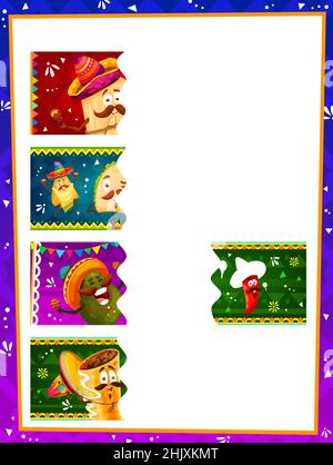 Finden Sie die richtigen Stücke von Cartoon mexikanischen Tacos, Avocado enchiladas , tamales lustige Charaktere. Kinder Puzzle Rätsel Vektor Arbeitsblatt oder Kind Logik Stock Vektor
