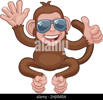 Monkey Sonnenbrille wellenartig Daumen nach oben Cartoon Tier Stock Vektor