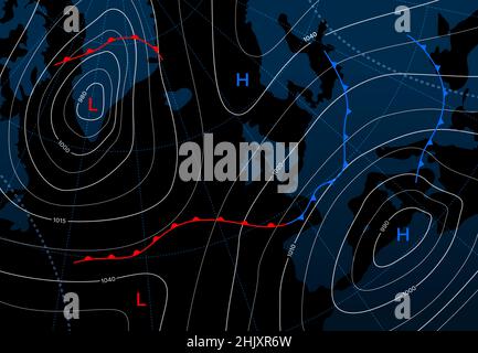 Vorhersage Wetter Isobar Karte, Wetterfront und Temperatur Diagramm, Vektor Hintergrund. Wetterprognose und allgemeine Klimakarte mit c Stock Vektor