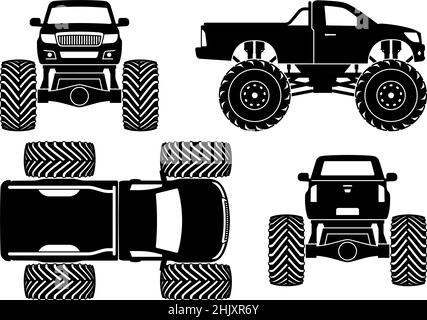 Monster Truck Silhouette auf weißem Hintergrund. Die monochromen Bigfoot-Symbole stellen die Ansicht von der Seite, von der Vorderseite, von der Rückseite und von oben ein Stock Vektor