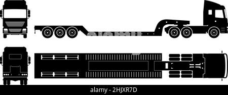 Lowboy Anhänger LKW Silhouette auf weißem Hintergrund. Monochrome Fahrzeugsymbole stellen die Ansicht von der Seite, vorne, hinten und oben ein Stock Vektor