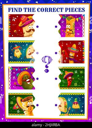 Finden Sie die richtigen Stücke von Cartoon mexikanischen Tacos, Avocado enchiladas , tamales lustige Charaktere. Kinder Puzzle Rätsel Vektor Arbeitsblatt oder Kind Logik Stock Vektor