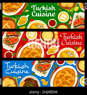 Türkische Küche Menü Mahlzeiten Vektor Banner der arabischen Halal-Essen. Fleisch, Gemüsemoussaka mit Orangen- und Taratorsauce, Baklava, Fladenbrot Pide und Stuf Stock Vektor