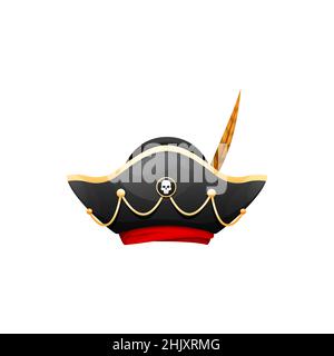 Karibischer Kapitän Kopfbedeckung isolierter Matrosen-Dreispitz mit aufgespannter Mütze. Vektor Seefahrer Kopfschmuck, Piratensymbol, Räuber ausgefallenes Outfit, Piraten Kopfbedeckung. Buccane Stock Vektor