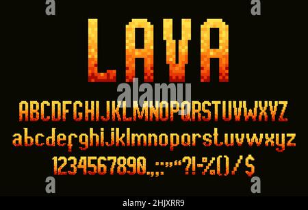 8-Bit-Pixel-Schrift Alphabet, Retro-Pixel-Spiel Typ Buchstaben, Ziffern und Symbole. Vector Arcade-Video oder Computerspiel Typografie Schrift mit heißen roten an Stock Vektor