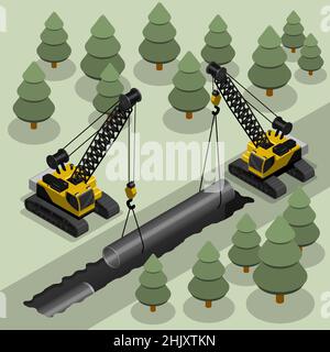 Isometrischer Schwerkran zum Bewegen schwerer Lasten bei der Verlegung einer Gasleitung im Graben. Industrielle Maschinen und Anlagen. Realistische 3D Vektor isoliert auf whit Stock Vektor