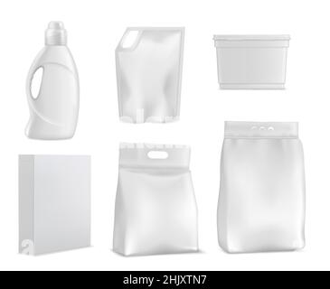 Waschpulver und -Beutel, Waschmittelpaket Mockup. Vector Flasche, Doypack und Karton isolierte Box. 3D leeres Contain für Haushaltschemikalien Stock Vektor