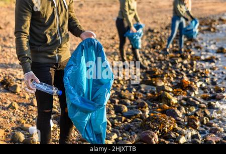 Nahaufnahme des Mannes sammelt am sonnigen Tag mit einer Gruppe von Freiwilligen Müll in der Tasche Stockfoto