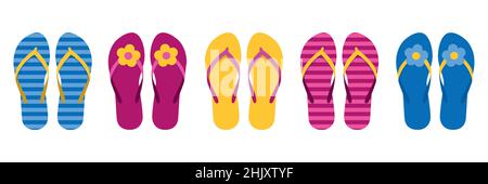 Set aus bunten Flip-Flops Sommerkollektion Bademode mit Blume Stock Vektor