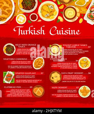 Vektor-Vorlage für türkische Küche mit Halal-Speisen. Gemüsefleischgerichte mit arabischen Desserts, Rindfleisch mit Orangensauce, Moussaka und Fladenbrot Pide, s Stock Vektor