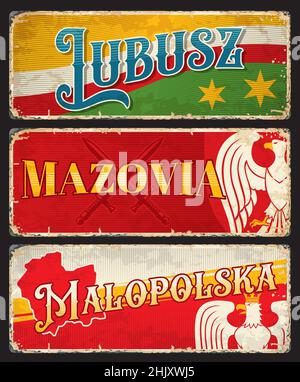 Lubusz, Mazovia, Polska woiwodschaft Polens Teller und Aufkleber. Vector vintage Reise Banner mit Polen touristischen Sehenswürdigkeiten, Territoriums-Karte, Flagge Stock Vektor