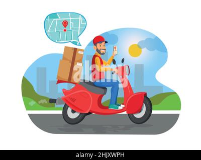 Schnelle und kostenlose Lieferung per Roller. Vektorgrafik Cartoon-Illustration. Essen Service. Stock Vektor