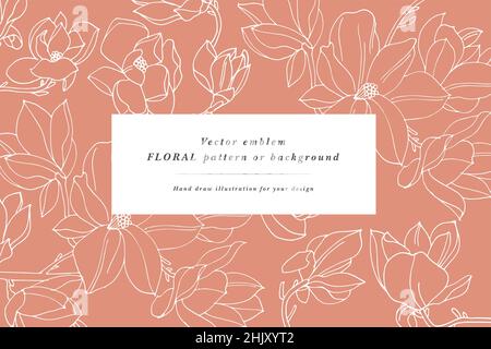 Vintage-Karte mit Magnolienblüten. Blumenkranz. Blumenrahmen für Flowershop mit Label-Designs. Grußkarte mit Blumendesign und Magnolie für den Sommer. Blumen Stock Vektor