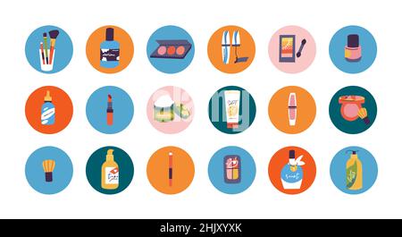Vektor-Set Kosmetik-Icons für Social-Media-Geschichten oder Avatar-Vorlage. Kosmetik-Produkte für Gesicht und Körper. Reinigung, feuchtigkeitsspendende, behandelnde. Stock Vektor