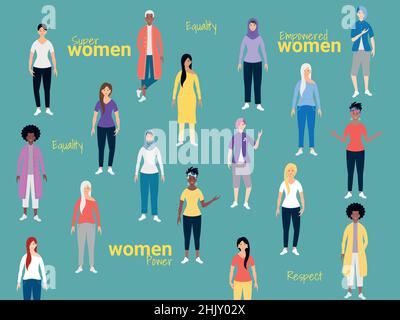 Gruppe von Frauen unterschiedlicher Ethnien, Alter und Kulturen. Konzept der weiblichen Schwesternschaft. Vektorgrafik. Stock Vektor