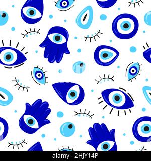 Nahtloses Muster mit Cartoon Evil Eyes. Blaues böses Auge, Hamsa, Hand von Fatima, Auge der Vorsehung. Vektor-Illustrationen von Amulette für Druck, Stoff, Tapete, Kleidung, Geschenkpapier Stock Vektor