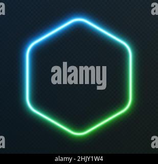 Gradient Neon-Sechseck, blau-grün leuchtende Grenze isoliert auf dunklem Hintergrund. Farbenfrohes Nachtbanner Stock Vektor