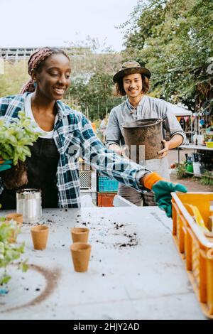 Lächelnde weibliche Freiwillige beim Pflanzen, während der Mann mit einem Behälter im Hintergrund in den Garten läuft Stockfoto