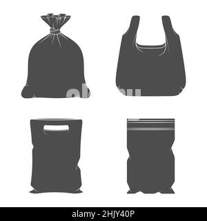 Set mit schwarzen und weißen Illustrationen mit Plastikverpackungen, Taschen. Isolierte Vektorobjekte auf weißem Hintergrund. Stock Vektor