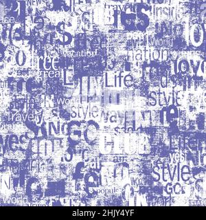 Abstrakte Grunge städtischen geometrischen Wörter, Buchstaben nahtlose Muster. Veraltete Zeitung, Magazin texturierten Papier Hintergrund. Lila weiße Collage wiederholen te Stockfoto