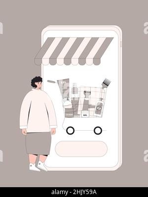 Online-Shop. Warenkorb mit Conditionern, Shampoo und Haarbehandlung auf dem Smartphone-Bildschirm. Junge Frau, die eine Bestellung im Online-Shop zum Kauf t Stock Vektor