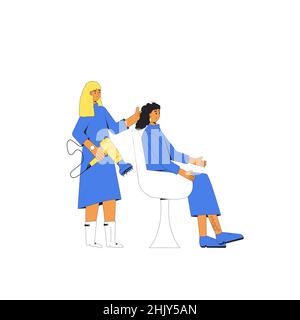 Friseursalon. Frisur mit Haartrockner und Duffuser-Düse. Lockiges Mädchen Methode. Vektorgrafik Stock Vektor