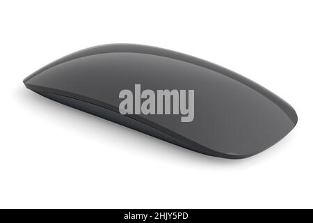 Realistische schwarze kabellose Computermaus mit isolierter Berührung auf weißem Hintergrund. Stockfoto