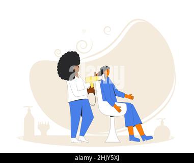 Friseursalon. Frisur mit Haartrockner und Duffuser-Düse. Lockiges Mädchen Methode. Vektorgrafik Stock Vektor