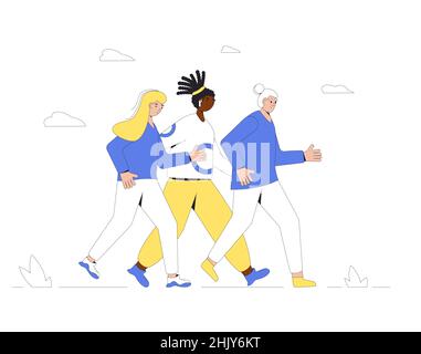 Lauffrauen. Drei Läuferinnen, Athleten, sportliche Menschen. Vielfältige Artikulation in Sportrennen, sportlichen Wettkämpfen. Marathon, Sport. Jogge Stock Vektor