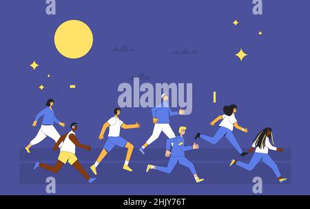 Menschen bei Nacht laufen lassen. Verschiedene Läufer, Athleten, sportliche Charaktere. Vielfältige Teilnahme an Sportveranstaltungen, sportlichen Wettkämpfen. Marathon, Exer Stock Vektor
